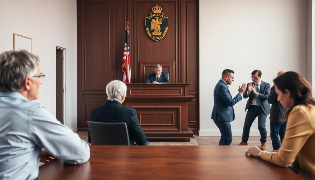 A comparative visual analysis of conflict resolution methods. In the foreground, a mediation session with two people sitting at a table, their body language suggesting an open dialogue. In the middle ground, a courtroom scene with a judge presiding over a formal legal dispute. In the background, two groups engaging in a heated negotiation, gestures and expressions conveying a tense standoff. The lighting is soft and natural, creating a contemplative atmosphere. The camera angle is slightly elevated, providing an overview of the different approaches. The composition invites the viewer to consider the nuances and tradeoffs between these conflict resolution strategies. A comparative visual analysis of conflict resolution methods. In the foreground, a mediation session with two people sitting at a table, their body language suggesting an open dialogue. In the middle ground, a courtroom scene with a judge presiding over a formal legal dispute. In the background, two groups engaging in a heated negotiation, gestures and expressions conveying a tense standoff. The lighting is soft and natural, creating a contemplative atmosphere. The camera angle is slightly elevated, providing an overview of the different approaches. The composition invites the viewer to consider the nuances and tradeoffs between these conflict resolution strategies.