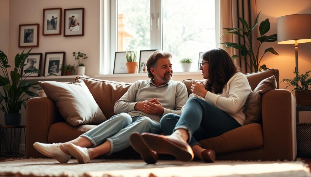 A cozy family home setting, with a couple sitting on a plush sofa, engaged in an earnest discussion. Soft, warm lighting illuminates the scene, creating a sense of intimacy and understanding. In the background, framed family photos and plants add a personal touch, while a large window allows natural light to filter in, casting a soothing glow. The couple's body language conveys a collaborative, problem-solving atmosphere, reflecting the essence of family mediation. A thoughtful, introspective mood permeates the scene, inviting the viewer to imagine the resolution of familial challenges through open communication and mutual respect.