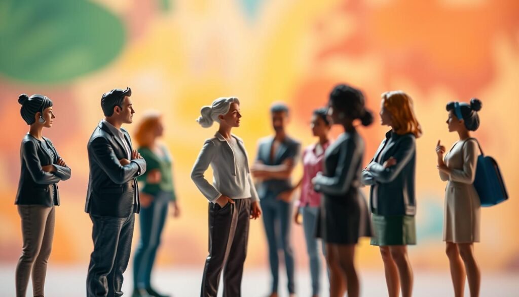 A culturally diverse group of individuals, each representing a unique perspective, stands in the foreground against a blurred, colorful backdrop. Warm lighting casts a soft, contemplative glow, inviting the viewer to consider the nuanced interplay of cultural influences. The figures, posed in thoughtful conversation, embody the theme of "cultural bias" as they navigate the complexities of their shared experience. Subtle details, such as body language and facial expressions, convey the subtleties of this dynamic. The overall composition suggests a sense of introspection and the need to acknowledge and address the role of culture in shaping our perceptions and interactions.