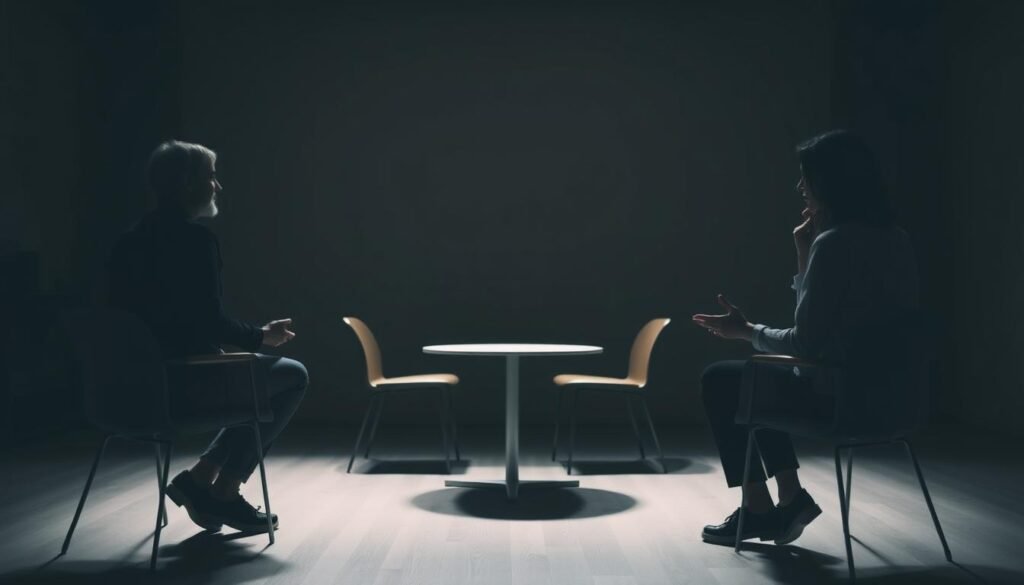 A dimly lit mediation room with a serene, contemplative atmosphere. In the foreground, two individuals sit facing each other, their body language and hand gestures conveying a sense of active listening and understanding. The middle ground features a neutral, minimalist table and chairs, emphasizing the importance of the nonverbal communication between the participants. The background subtly suggests a calming, natural environment, with muted tones and soft lighting that create a sense of tranquility and focus. The overall scene captures the power of silence and nonverbal cues in the peaceful resolution of conflicts.