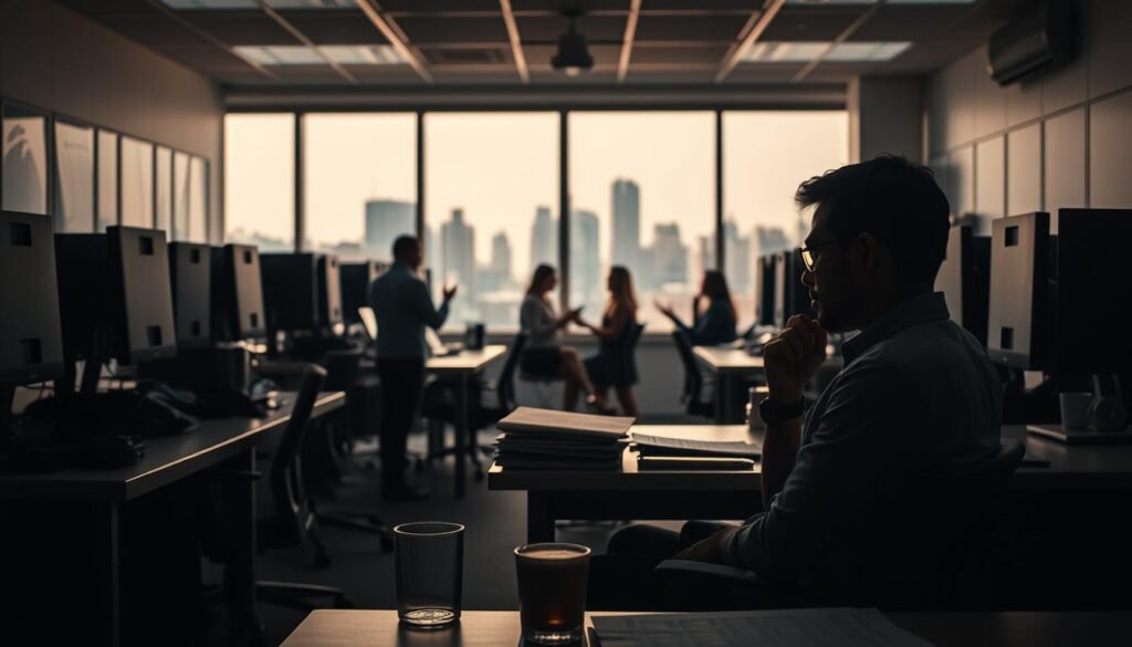A dimly lit office space, with desks, chairs, and computer screens arranged in a structured layout. In the foreground, a worker sits at their desk, deep in thought, surrounded by stacks of documents and a half-empty cup of coffee. The middle ground features a group of colleagues engaged in a lively discussion, gesturing animatedly. The background showcases a large window, providing a glimpse of a bustling city skyline beyond. The lighting is soft and warm, creating a contemplative atmosphere. The scene captures the essential elements of a modern workplace, reflecting the needs and challenges faced by professionals in their daily work.