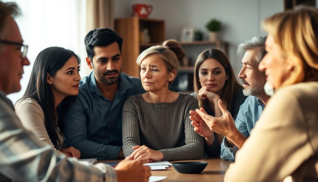 A family sitting around a table, deep in discussion, their faces reflecting thoughtful expressions. The lighting is warm and gentle, casting a cozy, intimate atmosphere. In the foreground, a mediator sits between the family members, their posture calm and inviting. The middle ground shows the family members engaged in dialogue, gestures and eye contact conveying the process of negotiation and problem-solving. The background fades into a softly blurred domestic setting, suggesting the private, personal nature of the family mediation session.