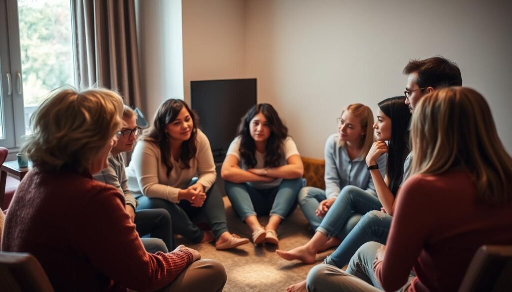 A group of people sitting in a circle, engaged in a thoughtful discussion. The lighting is warm and natural, casting a cozy glow on their faces. The participants are of diverse backgrounds, representing different perspectives. They lean in, listening intently, their body language conveying a sense of collaboration and mutual understanding. The setting is a comfortable, inviting space, with minimal distractions, allowing the group to focus on their conscious, mindful dialogue. The atmosphere is one of openness, respect, and a shared desire to learn from one another.