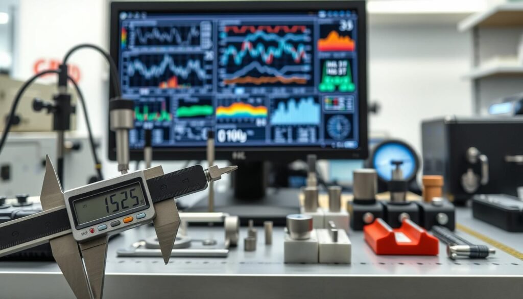 A laboratory workspace with technical equipment and measurement instruments prominently displayed. In the foreground, a high-precision digital caliper is positioned, its jaws open to reveal intricate mechanical details. Behind it, a variety of measurement tools are neatly arranged, including a micrometer, a dial indicator, and a set of gauge blocks. In the middle ground, a computer monitor displays complex graphs and data visualizations, hinting at the technical nature of the subject matter. The background is softly blurred, suggesting a well-lit, modern laboratory setting with clean, minimalist design elements. The overall atmosphere conveys a sense of precision, attention to detail, and the pursuit of technical excellence in the field of measurement techniques in computer numerical control (CNC). A laboratory workspace with technical equipment and measurement instruments prominently displayed. In the foreground, a high-precision digital caliper is positioned, its jaws open to reveal intricate mechanical details. Behind it, a variety of measurement tools are neatly arranged, including a micrometer, a dial indicator, and a set of gauge blocks. In the middle ground, a computer monitor displays complex graphs and data visualizations, hinting at the technical nature of the subject matter. The background is softly blurred, suggesting a well-lit, modern laboratory setting with clean, minimalist design elements. The overall atmosphere conveys a sense of precision, attention to detail, and the pursuit of technical excellence in the field of measurement techniques in computer numerical control (CNC).