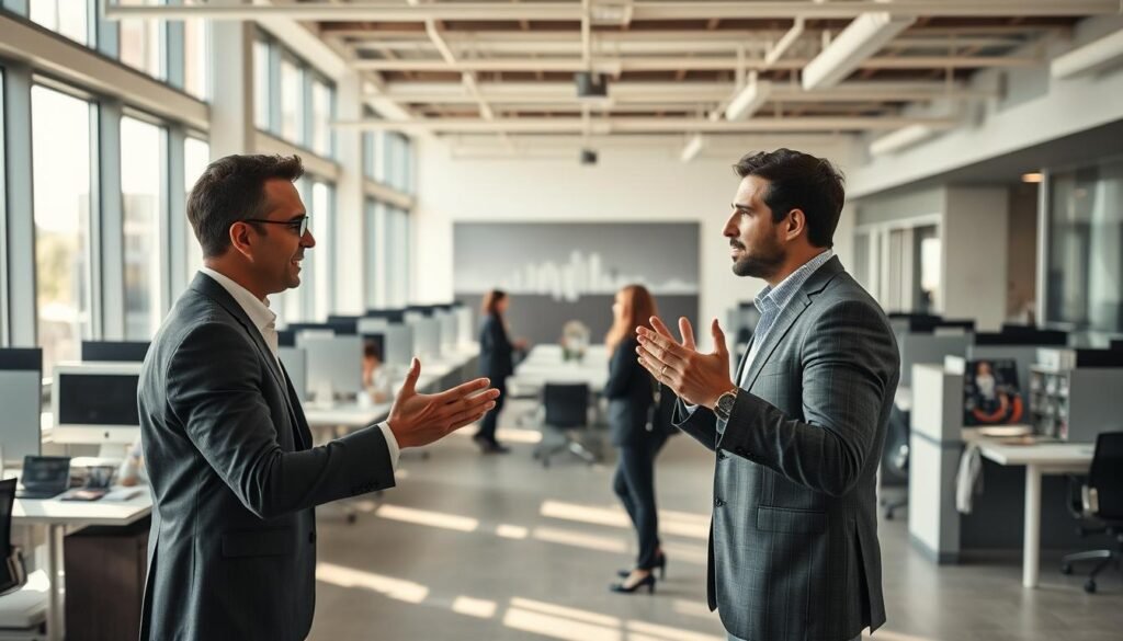 A large, modern office space with natural light streaming in through floor-to-ceiling windows. In the foreground, two businesspeople engage in an animated discussion, their hands gesturing as they negotiate an agreement. The middle ground features several cubicles where other employees work diligently, their faces focused on their screens. In the background, a conference room with a long table and chairs, suggesting an atmosphere of professional mediation. The lighting is soft and warm, creating a sense of calm and productivity. The overall scene conveys a harmonious, collaborative work environment where differences are resolved through open communication and mutual understanding. A large, modern office space with natural light streaming in through floor-to-ceiling windows. In the foreground, two businesspeople engage in an animated discussion, their hands gesturing as they negotiate an agreement. The middle ground features several cubicles where other employees work diligently, their faces focused on their screens. In the background, a conference room with a long table and chairs, suggesting an atmosphere of professional mediation. The lighting is soft and warm, creating a sense of calm and productivity. The overall scene conveys a harmonious, collaborative work environment where differences are resolved through open communication and mutual understanding.