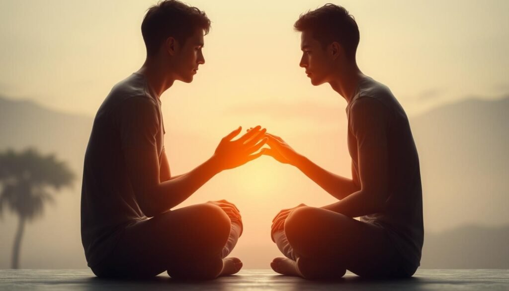 A serene, contemplative scene depicting the universal human connection. In the foreground, two figures sit facing each other, their hands gently clasped together, eyes locked in a moment of deep understanding. The lighting is soft and diffused, casting a warm, ethereal glow over the figures, evoking a sense of intimacy and introspection. The background is a muted, abstract landscape, hinting at the broader world beyond the immediate interaction, yet fading into the periphery, allowing the viewer to focus on the central connection. The composition is balanced and harmonious, conveying a sense of tranquility and empathetic resonance. A serene, contemplative scene depicting the universal human connection. In the foreground, two figures sit facing each other, their hands gently clasped together, eyes locked in a moment of deep understanding. The lighting is soft and diffused, casting a warm, ethereal glow over the figures, evoking a sense of intimacy and introspection. The background is a muted, abstract landscape, hinting at the broader world beyond the immediate interaction, yet fading into the periphery, allowing the viewer to focus on the central connection. The composition is balanced and harmonious, conveying a sense of tranquility and empathetic resonance.