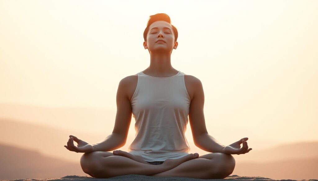 A serene figure seated in a meditative pose, eyes closed, radiating a sense of inner peace and self-compassion. The background is a soft, pastel-hued landscape, with gentle hills and a calming sky. The lighting is warm and diffused, creating a soothing, contemplative atmosphere. The composition emphasizes the central figure, placing it in a harmonious balance with the surrounding environment, symbolizing the integration of self-compassion into the resolution of conflicts. A serene figure seated in a meditative pose, eyes closed, radiating a sense of inner peace and self-compassion. The background is a soft, pastel-hued landscape, with gentle hills and a calming sky. The lighting is warm and diffused, creating a soothing, contemplative atmosphere. The composition emphasizes the central figure, placing it in a harmonious balance with the surrounding environment, symbolizing the integration of self-compassion into the resolution of conflicts.