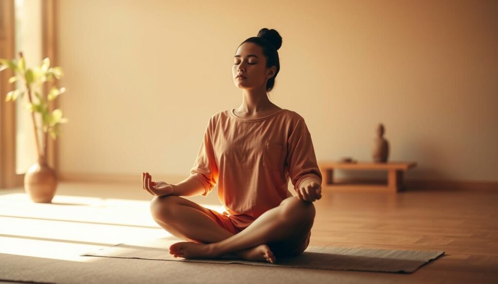 A serene figure sitting in a peaceful lotus position, eyes closed, hands resting gently on their lap. The scene is bathed in warm, diffused natural lighting, creating a soft, meditative atmosphere. The background is a tranquil, minimalist setting with subtle elements like a bamboo plant or a simple altar, evoking a sense of zen and introspection. The overall composition suggests a state of mindful presence and inner calm, reflecting the practice of "observación" and the development of a meditative mindset. A serene figure sitting in a peaceful lotus position, eyes closed, hands resting gently on their lap. The scene is bathed in warm, diffused natural lighting, creating a soft, meditative atmosphere. The background is a tranquil, minimalist setting with subtle elements like a bamboo plant or a simple altar, evoking a sense of zen and introspection. The overall composition suggests a state of mindful presence and inner calm, reflecting the practice of "observación" and the development of a meditative mindset.