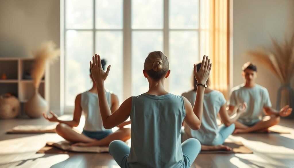 A serene meditation session, where individuals sit in a tranquil room, palms upturned in a gesture of openness and receptivity. Soft natural light filters through large windows, casting a warm glow on their contemplative expressions. The background features a minimalist, earthy-toned decor, emphasizing the sense of mindfulness and conscious awareness. The figures are rendered with a painterly, almost ethereal quality, conveying the introspective nature of the scene. Angles are carefully composed to create a harmonious, balanced composition, inviting the viewer to join in the moment of conscious contemplation.