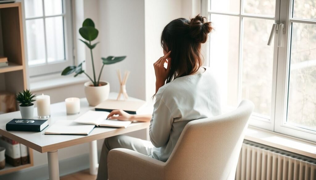 A serene, minimalist workspace with natural lighting streams in through large windows, illuminating a desk adorned with various self-care items - a journal, a calming candle, a potted plant, and an open book. In the foreground, a person sits in a comfortable chair, engaged in a thoughtful, introspective pose, reflecting on strategies for personal growth and self-empowerment. The composition conveys a sense of tranquility and inner focus, inviting the viewer to explore the concept of "automediación" and the journey of managing one's internal voice.