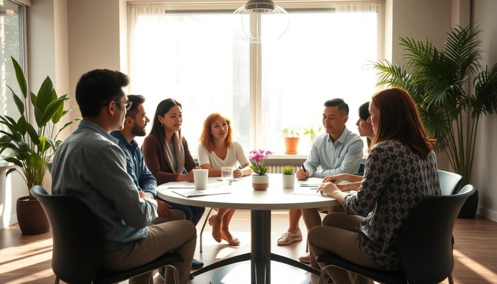A serene, sun-dappled office space, where employees gather around a circular conference table, engaged in thoughtful discussion. Soft natural light filters through large windows, casting a warm, inviting glow. Potted plants and minimalist decor create a calming, zen-like atmosphere. In the foreground, a diverse group of coworkers, their expressions open and attentive, exemplifying the principles of Nonviolent Communication. The scene conveys a sense of mutual understanding, empathy, and a shared commitment to cultivating a healthy, collaborative work environment. A serene, sun-dappled office space, where employees gather around a circular conference table, engaged in thoughtful discussion. Soft natural light filters through large windows, casting a warm, inviting glow. Potted plants and minimalist decor create a calming, zen-like atmosphere. In the foreground, a diverse group of coworkers, their expressions open and attentive, exemplifying the principles of Nonviolent Communication. The scene conveys a sense of mutual understanding, empathy, and a shared commitment to cultivating a healthy, collaborative work environment.