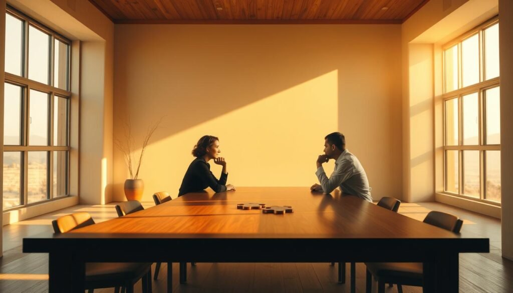 A serene, sun-drenched mediation chamber, where two figures sit across a polished wooden table, deep in thoughtful discussion. The room's warm lighting casts a soft, contemplative glow, while large windows allow natural light to filter in, creating a sense of openness and transparency. The middle ground features abstract, symbolic representations of the conflict resolution process, such as interlocking puzzle pieces or a scale balancing opposing weights. In the background, a muted, minimalist landscape hints at the broader context and the potential for harmony to emerge from discord.