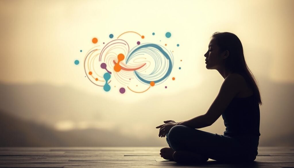 A softly lit, introspective scene depicting the emotional landscape of "sentimientos en la CNV" (Nonviolent Communication). In the foreground, a serene figure sits cross-legged, their face a canvas of contemplation, eyes closed as they reflect inwardly. The middle ground features a swirling, abstract representation of emotions - colors, shapes, and lines intertwining to symbolize the complex, nuanced feelings inherent in interpersonal communication. The background is a calming, atmospheric setting, perhaps a muted natural landscape or a minimalist, zen-inspired space, creating a sense of tranquility and focus. The overall mood is one of introspection, balance, and the power of silence to cultivate deeper self-awareness and empathy.