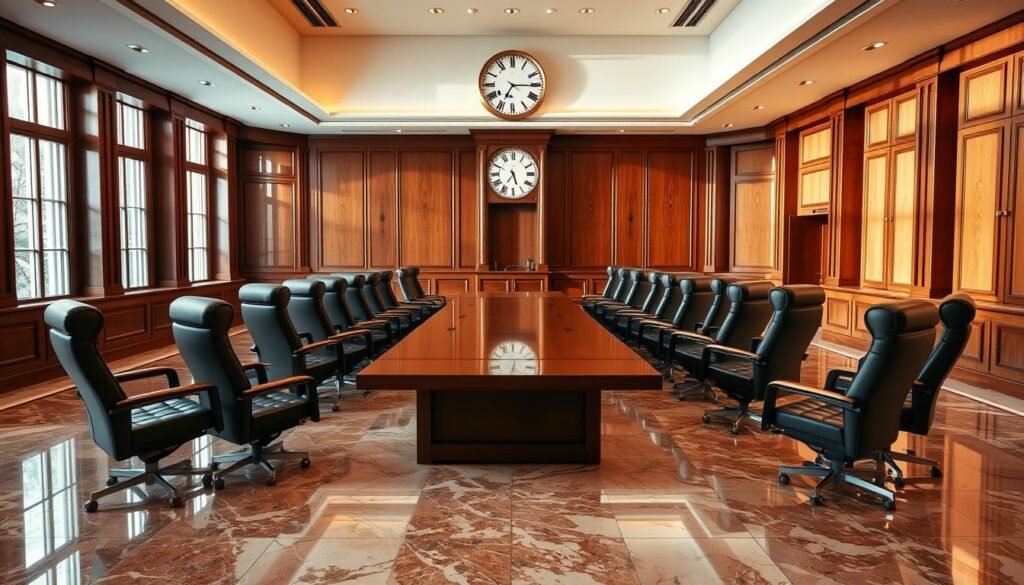 A spacious, modern arbitration chamber with polished marble floors, wood-paneled walls, and floor-to-ceiling windows that bathe the room in warm, natural lighting. At the center, a long, rectangular wooden table surrounded by high-backed leather chairs, creating an air of professionalism and authority. In the background, a large, ornate clock stands as a silent witness to the negotiations taking place. The atmosphere is one of quiet contemplation and intellectual discourse, conveying the gravity and importance of the arbitration process.