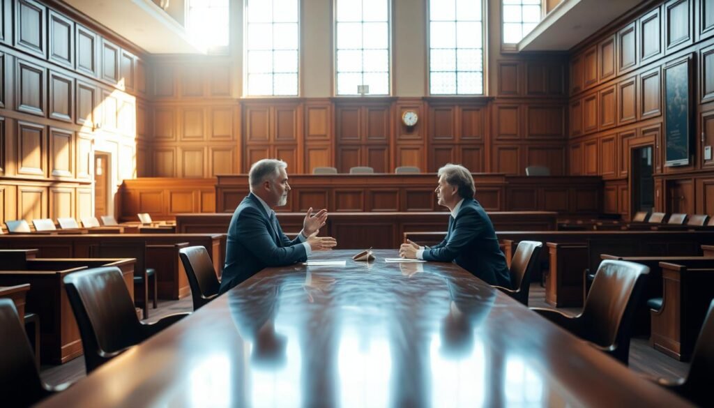 A spacious, well-lit courtroom with wooden benches and a raised dais. Two figures, a mediator and a client, engaged in a thoughtful discussion at a long, polished table. Sunlight streams through large windows, casting a warm, contemplative glow over the scene. The mediator's gestures are calm and reassuring, while the client listens intently, their body language conveying a sense of openness and trust. The background is blurred, focusing the viewer's attention on the central act of mediation, a process of negotiation and resolution guided by the principles of fairness and mutual understanding.