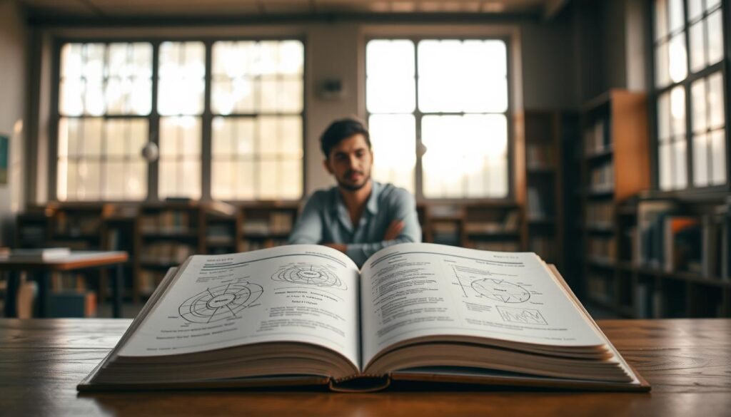 A thoughtful academic setting, with a serene ambiance. In the foreground, an open book rests on a wooden desk, its pages filled with intricate diagrams and charts, representing the "Necesidades Cognitivas y de Conocimiento". Soft natural light filters through large windows, casting a warm glow on the scene. In the middle ground, a person sits in contemplation, their expression one of deep focus and intellectual engagement. The background features shelves of books, signifying the pursuit of knowledge. The overall scene conveys a sense of quiet contemplation and the desire to understand the complexities of the "Necesidades Universales".