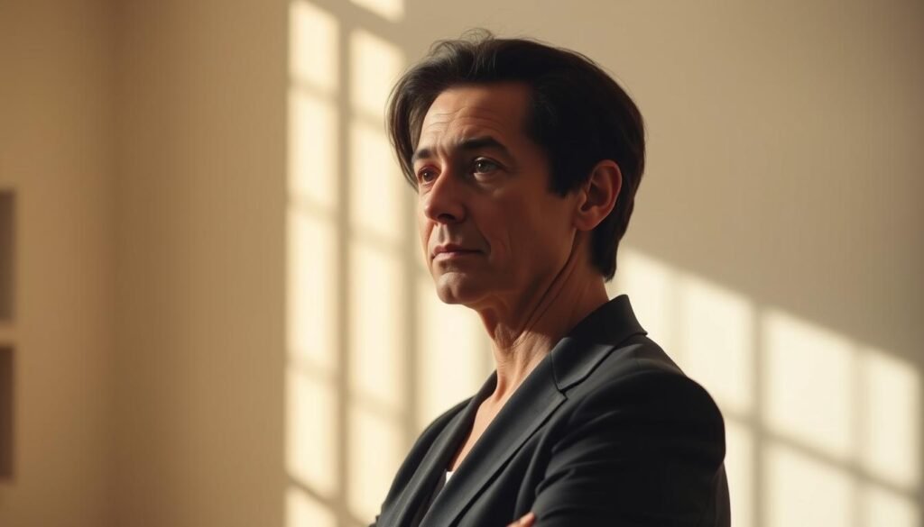 A thoughtful mediator standing in a serene, sunlit room, carefully observing the subtle cues and behaviors of the participants. The scene is bathed in a warm, natural light that casts soft shadows, creating an atmosphere of reflection and introspection. The mediator's gaze is intense yet compassionate, as they scan the room, attentively identifying potential biases or imbalances that could impact the mediation process. The background is subtly blurred, allowing the focus to remain on the mediator and the act of identification. The overall mood is one of mindfulness, empathy, and a deep commitment to ensuring a fair and productive mediation.