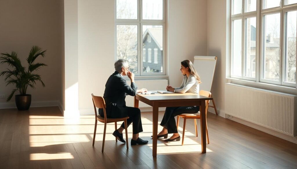 A tranquil mediation session in a sunlit room, with two figures seated across a simple wooden table, engaged in thoughtful discussion. The space is imbued with a sense of openness and calm, enhanced by the natural light filtering through large windows. The participants' body language conveys a spirit of collaboration and mutual understanding, as they work together to find a resolution. Soft, muted tones create an atmosphere of professionalism and trust, while subtle details like a notebook and pen on the table hint at the structured process unfolding. The overall scene evokes a serene, productive environment conducive to effective mediation. A tranquil mediation session in a sunlit room, with two figures seated across a simple wooden table, engaged in thoughtful discussion. The space is imbued with a sense of openness and calm, enhanced by the natural light filtering through large windows. The participants' body language conveys a spirit of collaboration and mutual understanding, as they work together to find a resolution. Soft, muted tones create an atmosphere of professionalism and trust, while subtle details like a notebook and pen on the table hint at the structured process unfolding. The overall scene evokes a serene, productive environment conducive to effective mediation.