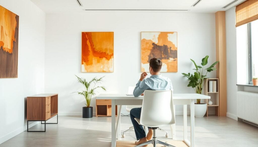 A tranquil office scene, with a person sitting at a minimalist white desk, deep in thought. The walls are adorned with warm-toned abstract art, conveying a sense of calm and focus. Natural light filters in through large windows, casting a soft, diffused glow over the space. The person's body language exudes thoughtfulness and engaged listening, as they prepare to communicate effectively. In the background, a potted plant and a subtle bookshelf suggest an environment conducive to productive dialogue. The overall atmosphere is one of professionalism, openness, and effective communication. A tranquil office scene, with a person sitting at a minimalist white desk, deep in thought. The walls are adorned with warm-toned abstract art, conveying a sense of calm and focus. Natural light filters in through large windows, casting a soft, diffused glow over the space. The person's body language exudes thoughtfulness and engaged listening, as they prepare to communicate effectively. In the background, a potted plant and a subtle bookshelf suggest an environment conducive to productive dialogue. The overall atmosphere is one of professionalism, openness, and effective communication.