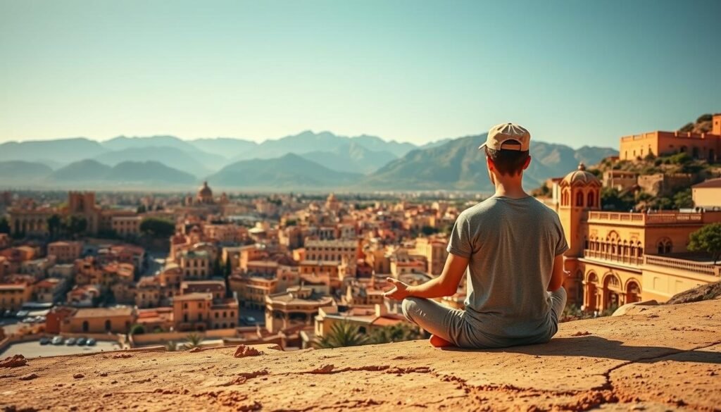 A vibrant Spanish landscape, showcasing the essence of self-mediation. In the foreground, a person sits cross-legged, deep in contemplation, surrounded by warm hues of terracotta and ochre. The middle ground reveals a bustling cityscape, buildings adorned with intricate architectural details that reflect the rich cultural heritage. In the background, majestic mountains rise, their peaks bathed in a soft, golden light, symbolizing the journey of self-discovery. The scene is illuminated by a warm, natural lighting, creating a serene and introspective atmosphere, inviting the viewer to explore the influence of Spanish culture on the process of self-mediation.