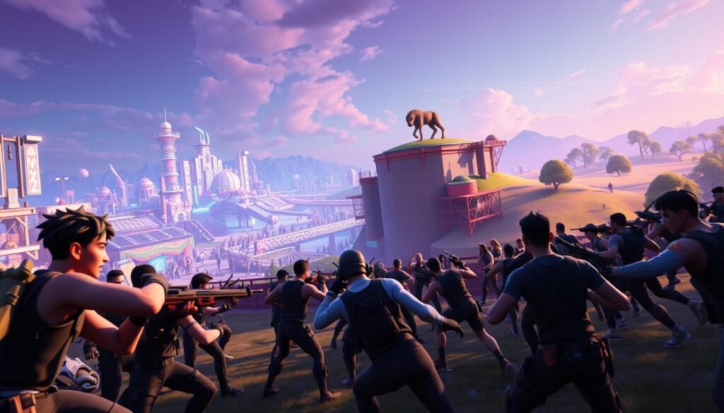 A vibrant, competitive Fortnite arena in a state of transformation. In the foreground, players engage in intense battles, their determined expressions and dynamic poses conveying the thrill of the game. The middle ground features a bustling, high-tech landscape with futuristic structures and dynamic lighting, hinting at the game's technological prowess. In the background, a serene, natural environment provides a calming contrast, suggesting the potential for a more harmonious and community-driven approach. The overall scene captures the essence of Fortnite's competitive culture while hinting at opportunities for a more collaborative and compassionate gaming experience.