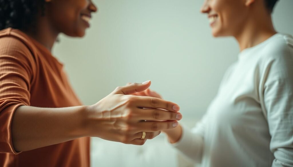 A warm, compassionate scene of two people engaged in active empathy, their faces reflecting deep understanding and a genuine emotional connection. In the foreground, a pair of hands clasped together, fingers intertwined, symbolizing the interweaving of their perspectives. The middle ground features the subjects' upper bodies, their postures open and attentive, eyes locked in a meaningful exchange. The background is softly blurred, creating a sense of intimacy and focus on the interpersonal dynamic. Gentle, diffused lighting casts a subtle glow, evoking a sense of emotional resonance and mutual care. The overall mood is one of empathetic understanding, with a palpable feeling of mutual trust and support.