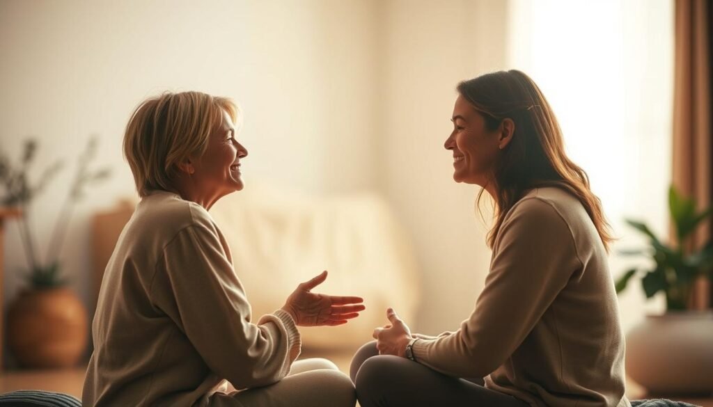 A warm, empathetic scene depicting the interconnection between self-compassion and interpersonal empathy. In the foreground, two figures sit facing each other, their expressions reflecting deep understanding and emotional connection. Soft, natural lighting bathes the scene, creating a sense of intimacy and openness. The background is blurred, emphasizing the focus on the interpersonal exchange. Subtle details, such as the gentle gestures and body language of the figures, convey the profound bond of mutual care and acceptance. The overall mood is one of tranquility, reflecting the transformative power of self-compassion in fostering genuine empathy. A warm, empathetic scene depicting the interconnection between self-compassion and interpersonal empathy. In the foreground, two figures sit facing each other, their expressions reflecting deep understanding and emotional connection. Soft, natural lighting bathes the scene, creating a sense of intimacy and openness. The background is blurred, emphasizing the focus on the interpersonal exchange. Subtle details, such as the gentle gestures and body language of the figures, convey the profound bond of mutual care and acceptance. The overall mood is one of tranquility, reflecting the transformative power of self-compassion in fostering genuine empathy.
