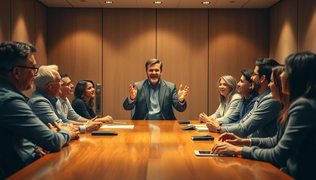 An intimate conference room, bathed in warm, soft lighting. A group of professionals sit around a polished wooden table, engaged in an animated discussion. In the center, a charismatic leader gestures expressively, their face alight with passion as they illustrate the principles of Nonviolent Communication (CNV) as a tool for team motivation. The atmosphere is one of openness, trust, and shared purpose, with team members leaning in, captivated by the speaker's words. The room's décor is minimalist yet elegant, with subtle accents that evoke a sense of professionalism and collaboration. The overall scene conveys the transformative power of CNV in empowering and inspiring teams to reach new heights.