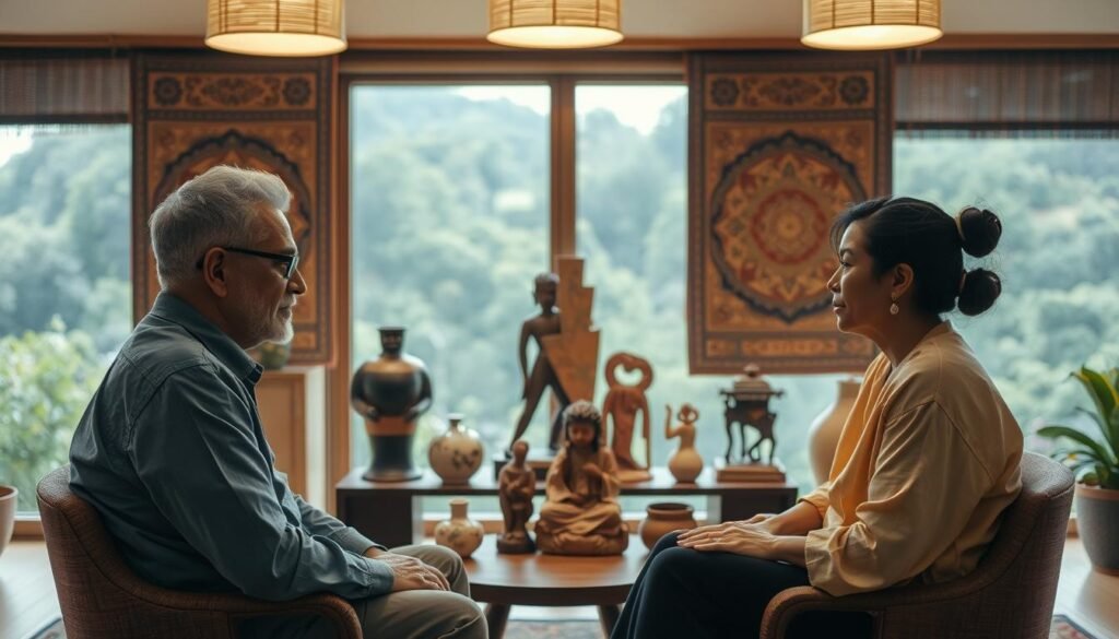 An intimate cultural mediation scene in a warm, inviting space. In the foreground, two individuals from diverse backgrounds sit facing each other, their body language conveying deep listening and understanding. Intricate tapestries, ceramics, and carved wooden figurines adorn the middle ground, reflecting the cultural richness of the setting. Soft, diffused lighting from overhead fixtures casts a contemplative glow, enhancing the sense of thoughtful exchange. The background features large windows overlooking a lush, verdant landscape, suggesting a tranquil, contemplative atmosphere conducive to the delicate process of cultural mediation.