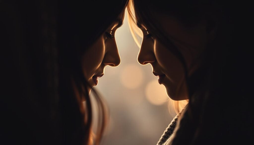 An intimate moment of emotional connection between two individuals, their faces framed in a warm, soft-focus portrait. The subjects' eyes meet, conveying a deep sense of understanding and mutual empathy. The background is blurred, creating a sense of intimacy and emotional intensity. Muted, earthy tones infuse the scene with a sense of introspection and vulnerability. Subtle lighting casts gentle shadows, emphasizing the delicate interplay of emotions. The composition draws the viewer in, inviting them to reflect on the barriers that can prevent such profound interpersonal understanding.