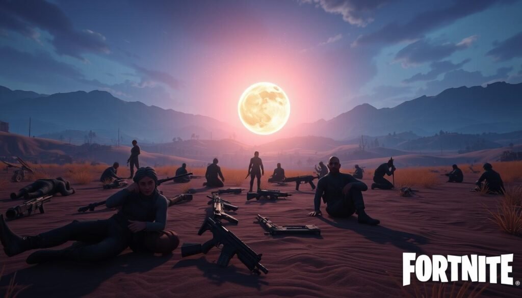 Deserted battlefield of Fortnite, with weary combatants in the foreground laying down their weapons, the fierce intensity of the firefight replaced by a pensive calm. In the middle ground, a glowing orb of peaceful energy, emanating waves of nonviolent communication, encouraging dialogue and understanding. The background reveals the game's vibrant landscapes, reimagined as a canvas for collaboration, the destructive elements of the battle royale replaced by constructive interactions. Soft, diffused lighting casts an ethereal glow, the atmosphere one of contemplation and transformation. The scene evokes a sense of the challenges and opportunities in implementing nonviolent communication within the Fortnite ecosystem.