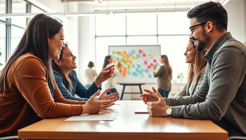 Prompt A vibrant, well-lit scene of a diverse team of professionals engaged in a collaborative communication process. In the foreground, three team members are gathered around a table, making animated hand gestures and expressions as they discuss ideas. The middle ground features additional team members brainstorming on a large whiteboard, with colorful sticky notes and diagrams. The background showcases an open, airy office space with large windows, allowing natural light to fill the room and create a sense of openness and creativity. The overall mood is one of productive teamwork, creative energy, and effective communication.