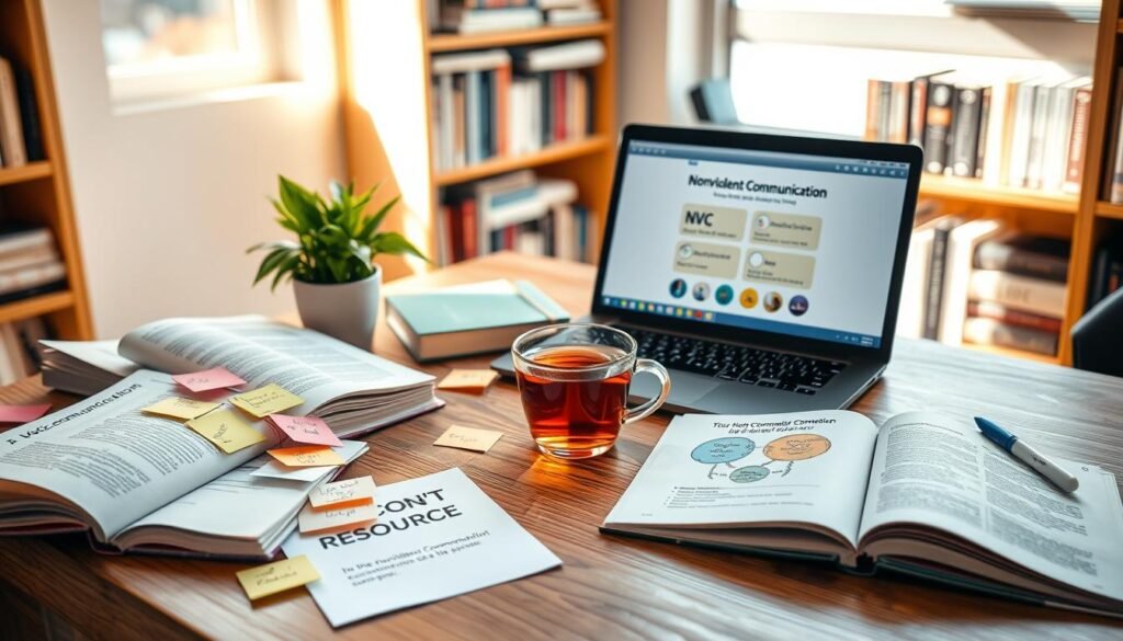 A beautifully organized workspace that symbolizes resources for Nonviolent Communication (NVC). In the foreground, a wooden desk adorned with vibrant post-it notes, open books about NVC, and colorful diagrams illustrating the four steps of communication. In the middle ground, a laptop with an NVC online course on its screen, surrounded by a steaming cup of herbal tea and a small potted plant for a touch of tranquility. The background features a softly lit bookshelf filled with literature on communication, psychology, and self-help, casting gentle shadows. The atmosphere is warm and inviting, with natural light filtering through a window, illuminating the desk and creating a focused, peaceful mood suitable for learning and reflection.