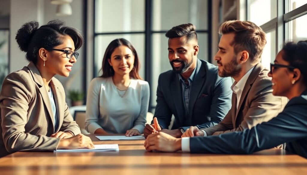 A diverse group of professionals engaged in mediation, positioned around a large conference table. In the foreground, a South Asian woman and a Black man, both in business attire, are actively discussing, highlighting their engagement. In the middle ground, a Hispanic woman and a Caucasian man are listening attentively, emphasizing collaboration. The background features a large window with soft sunlight filtering in, creating a warm, inviting atmosphere. The room is furnished with modern decor, suggesting a professional environment. The mood is one of unity, respect, and shared purpose, embodying the importance of diversity in mediation. Use a warm color palette with soft lighting to enhance the collaboration theme.