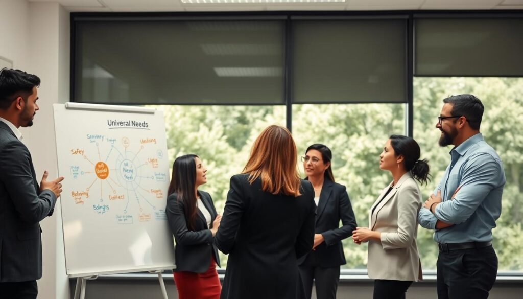 A serene and contemplative office environment, featuring a diverse group of four professionals engaged in a discussion about universal needs in a well-lit meeting room. The foreground shows a whiteboard filled with colorful mind maps and illustrations symbolizing various human needs like safety, belonging, and self-actualization. In the middle, the professionals, dressed in smart business attire, are actively contributing ideas and energetically exchanging perspectives. The background includes large windows offering a view of a green park, symbolizing growth and connection to nature. Soft, diffuse lighting enhances a calm, constructive atmosphere, perfect for an intellectual exchange of ideas. The image captures the essence of collaboration, understanding, and the importance of needs in interpersonal communication. A serene and contemplative office environment, featuring a diverse group of four professionals engaged in a discussion about universal needs in a well-lit meeting room. The foreground shows a whiteboard filled with colorful mind maps and illustrations symbolizing various human needs like safety, belonging, and self-actualization. In the middle, the professionals, dressed in smart business attire, are actively contributing ideas and energetically exchanging perspectives. The background includes large windows offering a view of a green park, symbolizing growth and connection to nature. Soft, diffuse lighting enhances a calm, constructive atmosphere, perfect for an intellectual exchange of ideas. The image captures the essence of collaboration, understanding, and the importance of needs in interpersonal communication.