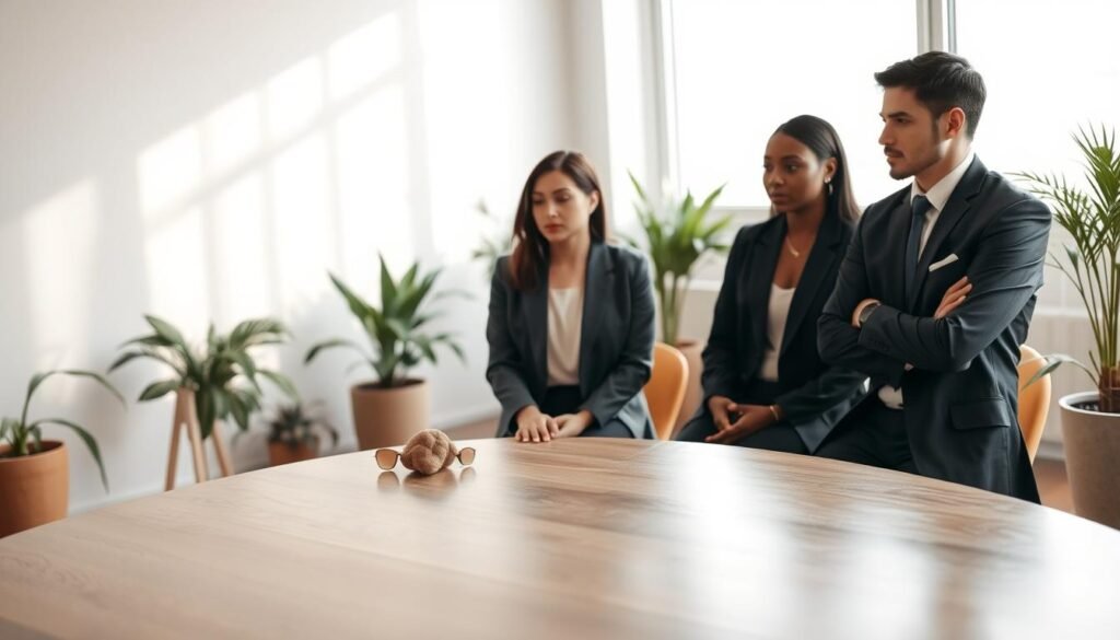 A serene and focused mediation setting, featuring a diverse group of three professionals engaged in a silent conversation, embodying the essence of quiet reflection. In the foreground, the individuals—two men and a woman, dressed in smart professional attire—sit around a polished wooden table, their expressions thoughtful and attentive. In the middle ground, soft, diffused lighting creates a calm atmosphere, enhancing the sense of tranquility. A minimalist decor with neutral tones, plants, and soft sunlight filtering through large windows adds to the peaceful vibe. In the background, a subtle abstract representation of calming waves softly merges with the interior, symbolizing the power of silence in mediation. The overall mood is one of connection, contemplation, and harmony, inviting viewers to appreciate the art of pause in dialogue. A serene and focused mediation setting, featuring a diverse group of three professionals engaged in a silent conversation, embodying the essence of quiet reflection. In the foreground, the individuals—two men and a woman, dressed in smart professional attire—sit around a polished wooden table, their expressions thoughtful and attentive. In the middle ground, soft, diffused lighting creates a calm atmosphere, enhancing the sense of tranquility. A minimalist decor with neutral tones, plants, and soft sunlight filtering through large windows adds to the peaceful vibe. In the background, a subtle abstract representation of calming waves softly merges with the interior, symbolizing the power of silence in mediation. The overall mood is one of connection, contemplation, and harmony, inviting viewers to appreciate the art of pause in dialogue.