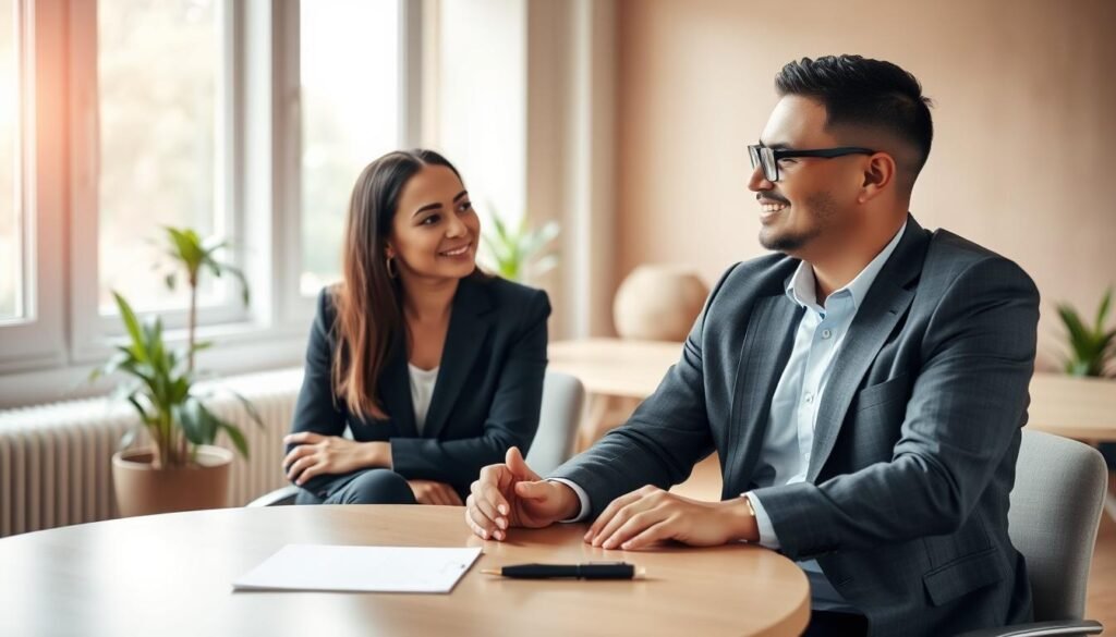 A serene and harmonious office setting featuring two professional individuals engaged in a mediation session. In the foreground, a diverse man and woman, dressed in smart business attire, are sitting across from each other at a round table, listening intently with expressions of understanding. In the middle ground, a neutral-toned notepad and pen are placed on the table, symbolizing collaboration and dialogue. The background shows a warm, light-filled room with soft natural lighting filtering through large windows, creating an inviting atmosphere. Potted plants add a touch of nature, suggesting growth and tranquility. The overall mood is calm, constructive, and balanced, emphasizing the benefits of mediation in resolving conflicts. A serene and harmonious office setting featuring two professional individuals engaged in a mediation session. In the foreground, a diverse man and woman, dressed in smart business attire, are sitting across from each other at a round table, listening intently with expressions of understanding. In the middle ground, a neutral-toned notepad and pen are placed on the table, symbolizing collaboration and dialogue. The background shows a warm, light-filled room with soft natural lighting filtering through large windows, creating an inviting atmosphere. Potted plants add a touch of nature, suggesting growth and tranquility. The overall mood is calm, constructive, and balanced, emphasizing the benefits of mediation in resolving conflicts.