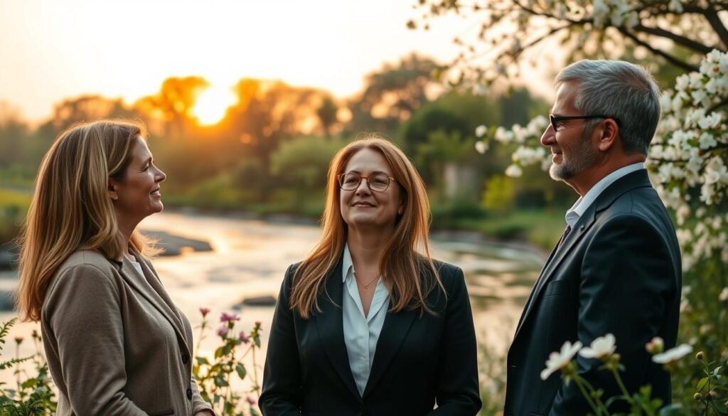 A serene and harmonious scene depicting the essence of Nonviolent Communication. In the foreground, a diverse group of three individuals, consisting of two women and one man, engaged in an open dialogue, dressed in professional business attire. Their expressions are calm and empathetic, reflecting deep listening and understanding. In the middle ground, a gently flowing river symbolizes the flow of thoughts and feelings, surrounded by lush trees and blooming flowers that represent growth and connection. The background features a soft, golden-hued sunset, casting a warm glow over the scene, enhancing the overall peaceful and nurturing atmosphere. The composition is balanced and inviting, with a shallow depth of field that emphasizes the details of the foreground while softly blurring the background. The lighting is soft and natural, adding to the tranquil mood of the image.