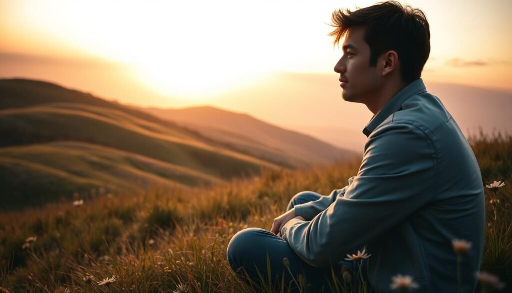 A serene and introspective scene depicting "self-awareness." In the foreground, a thoughtful individual, dressed in smart casual attire, sits cross-legged on a soft, grassy hill, gazing thoughtfully into the distance. Their expression reflects contemplation and insight. In the middle ground, gentle rolling hills adorned with wildflowers represent emotional landscapes, symbolizing internal dialogue patterns. The background features a warm sunset with hues of orange and purple, casting a soft, golden light that creates a peaceful atmosphere. The lens captures a close-up perspective, emphasizing the subject's introspection while maintaining a sense of connection with the natural surroundings. The mood is calm and reflective, inviting viewers to embrace self-discovery and inner dialogue.
