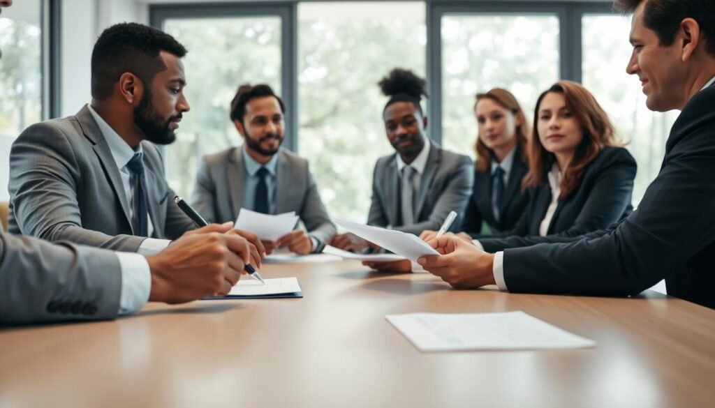A serene and professional mediation setting, featuring a diverse group of four individuals engaged in discussion around a large conference table. The foreground should show a close-up of hands taking notes and gently pointing at shared documents, symbolizing active listening and collaboration. In the middle, the group consists of two men and two women dressed in business attire, with thoughtful expressions, indicating the process of identifying unconscious biases during mediation. The background features a bright, well-lit room with large windows showcasing greenery outside, creating a calm atmosphere. The lighting is soft and natural, with a focus on highlighting the engaged faces. The overall mood is focused and respectful, conveying a sense of professionalism and mindfulness in communication. A serene and professional mediation setting, featuring a diverse group of four individuals engaged in discussion around a large conference table. The foreground should show a close-up of hands taking notes and gently pointing at shared documents, symbolizing active listening and collaboration. In the middle, the group consists of two men and two women dressed in business attire, with thoughtful expressions, indicating the process of identifying unconscious biases during mediation. The background features a bright, well-lit room with large windows showcasing greenery outside, creating a calm atmosphere. The lighting is soft and natural, with a focus on highlighting the engaged faces. The overall mood is focused and respectful, conveying a sense of professionalism and mindfulness in communication.
