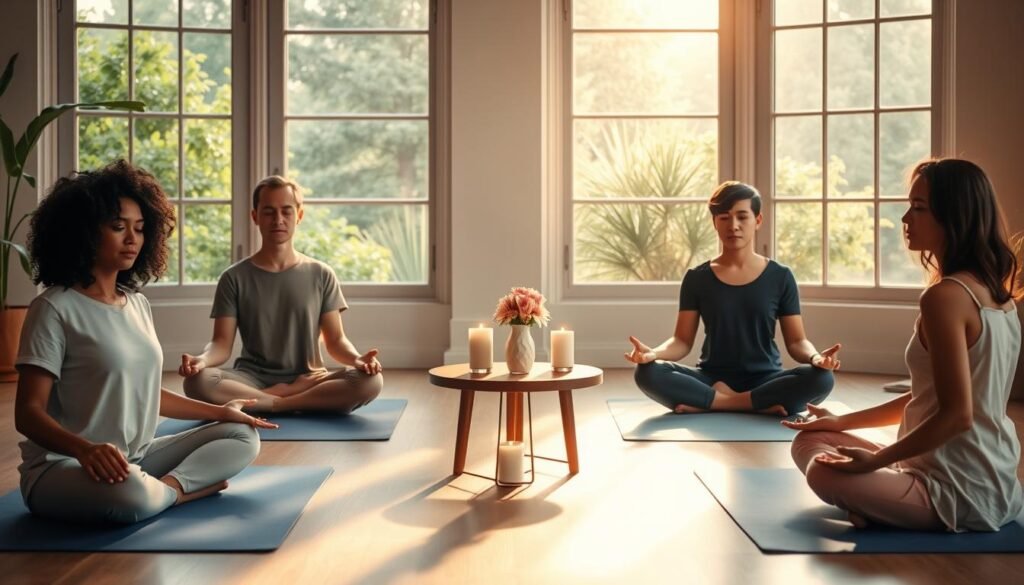 A serene indoor meditation space bathed in soft, warm light. In the foreground, a diverse group of three individuals seated cross-legged on yoga mats, dressed in modest, casual clothing, each person's expression reflecting peace and deep focus. In the middle, a small round table adorned with candles and a delicate vase of fresh flowers, contributing to the calming atmosphere. The background features large windows with lush greenery visible outside, symbolizing connection to nature. The lighting enhances a tranquil ambiance, creating gentle shadows. The overall mood is one of introspection and harmony, perfectly embodying the practice of observation without judgment. A serene indoor meditation space bathed in soft, warm light. In the foreground, a diverse group of three individuals seated cross-legged on yoga mats, dressed in modest, casual clothing, each person's expression reflecting peace and deep focus. In the middle, a small round table adorned with candles and a delicate vase of fresh flowers, contributing to the calming atmosphere. The background features large windows with lush greenery visible outside, symbolizing connection to nature. The lighting enhances a tranquil ambiance, creating gentle shadows. The overall mood is one of introspection and harmony, perfectly embodying the practice of observation without judgment.