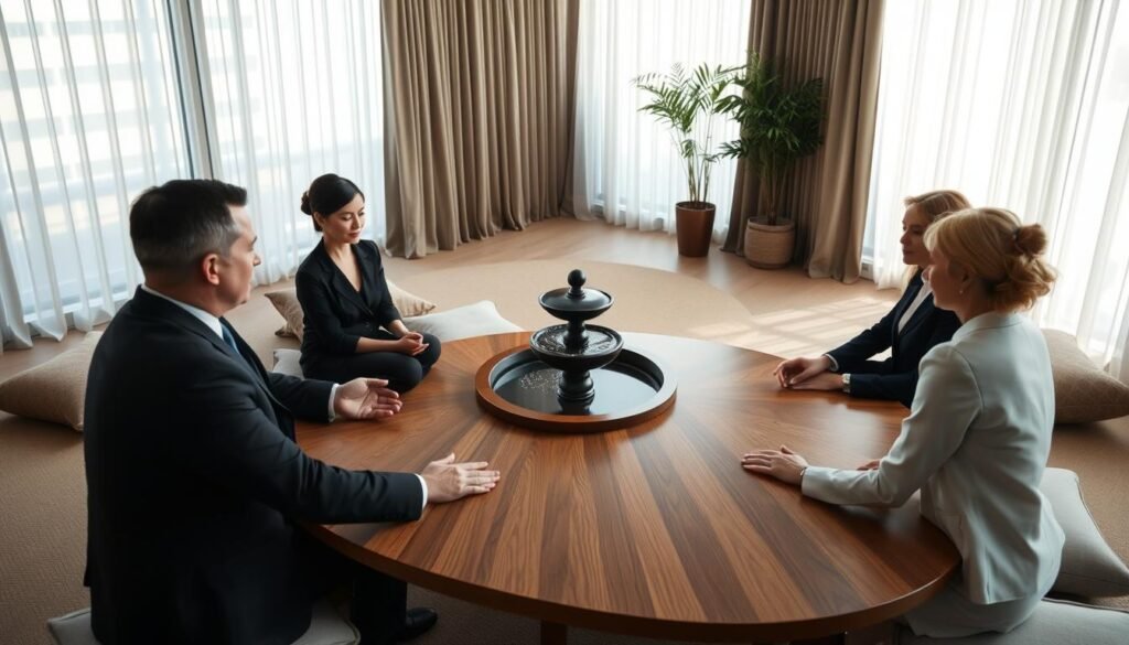 A serene mediation room designed to foster silence and concentration. In the foreground, a diverse group of three people in professional business attire sit quietly around a circular wooden table, expressions thoughtful and engaged in deep listening. Each person has their hands gently resting on the table, creating a sense of calm. The middle ground features soft cushions and a small indoor fountain, adding to the peaceful atmosphere. The background reveals large windows with sheer curtains, allowing soft, diffused natural light to permeate the space, casting gentle shadows. The overall mood is reflective and tranquil, highlighting the obstacles to achieving silence in a mediation process, with an emphasis on unity and understanding among the participants. A serene mediation room designed to foster silence and concentration. In the foreground, a diverse group of three people in professional business attire sit quietly around a circular wooden table, expressions thoughtful and engaged in deep listening. Each person has their hands gently resting on the table, creating a sense of calm. The middle ground features soft cushions and a small indoor fountain, adding to the peaceful atmosphere. The background reveals large windows with sheer curtains, allowing soft, diffused natural light to permeate the space, casting gentle shadows. The overall mood is reflective and tranquil, highlighting the obstacles to achieving silence in a mediation process, with an emphasis on unity and understanding among the participants.