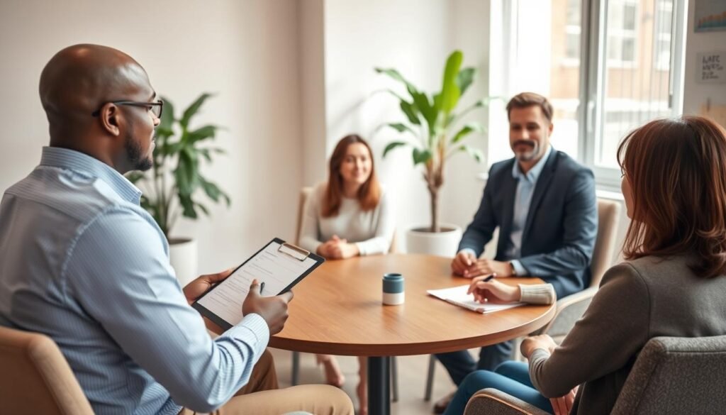 A serene mediation room filled with soft natural light, featuring three professional adults sitting around a circular wooden table engaged in thoughtful conversation. In the foreground, a diverse male mediator with a clipboard and pen facilitates the discussion, conveying calm authority. The middle ground shows the participants, a woman and a man dressed in smart casual attire, actively listening and exchanging ideas, reflecting empathy and understanding. In the background, a lush green plant and soft, muted colors create a harmonious atmosphere, emphasizing connection and collaboration. Use a wide-angle lens to capture the entire scene, highlighting the warmth and openness of the mediation process, while ensuring the lighting is soft and inviting to enhance a mood of safety and clarity.