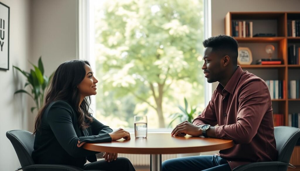 A serene office environment focused on the theme of empathy. In the foreground, two diverse professionals (one Latina woman and one Black man) sit at a round table, their expressions conveying deep understanding and mutual respect while maintaining eye contact. In the middle ground, a cozy, bright window reveals a lush green park outside, symbolizing openness and growth. Soft, natural lighting cascades through the glass, creating a warm atmosphere. The background features shelves with books on communication and emotional intelligence, subtly reinforcing the theme. The camera angle is slightly elevated, capturing the emotional connection between the two individuals while maintaining a professional and inviting ambiance. A serene office environment focused on the theme of empathy. In the foreground, two diverse professionals (one Latina woman and one Black man) sit at a round table, their expressions conveying deep understanding and mutual respect while maintaining eye contact. In the middle ground, a cozy, bright window reveals a lush green park outside, symbolizing openness and growth. Soft, natural lighting cascades through the glass, creating a warm atmosphere. The background features shelves with books on communication and emotional intelligence, subtly reinforcing the theme. The camera angle is slightly elevated, capturing the emotional connection between the two individuals while maintaining a professional and inviting ambiance.