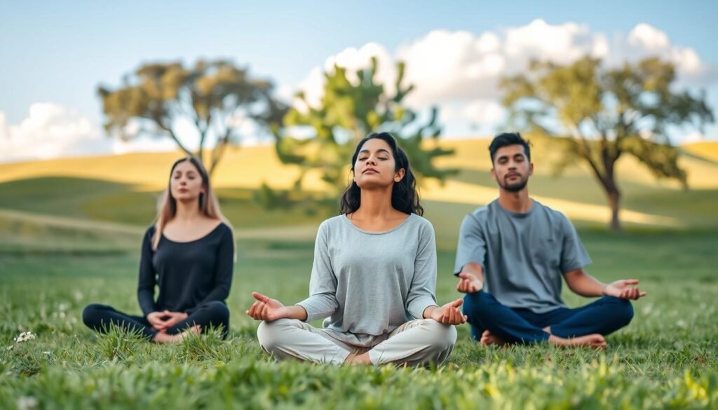 A serene outdoor setting depicting individuals engaging in mindfulness exercises. In the foreground, a diverse group of three people—two women and one man—are seated cross-legged on soft grass, wearing comfortable, modest casual clothing. They exhibit calm expressions, with closed eyes and relaxed postures, suggesting deep focus on their breath. In the middle, gentle rolling hills and a few trees create a tranquil environment, while soft sunlight filters through the leaves, casting warm, dappled shadows. The background features a clear blue sky with a few fluffy clouds, enhancing the peaceful mood. The overall atmosphere should evoke a sense of harmony and introspection, as if time has momentarily paused, inviting viewers to reflect on the practice of observation without judgment. A serene outdoor setting depicting individuals engaging in mindfulness exercises. In the foreground, a diverse group of three people—two women and one man—are seated cross-legged on soft grass, wearing comfortable, modest casual clothing. They exhibit calm expressions, with closed eyes and relaxed postures, suggesting deep focus on their breath. In the middle, gentle rolling hills and a few trees create a tranquil environment, while soft sunlight filters through the leaves, casting warm, dappled shadows. The background features a clear blue sky with a few fluffy clouds, enhancing the peaceful mood. The overall atmosphere should evoke a sense of harmony and introspection, as if time has momentarily paused, inviting viewers to reflect on the practice of observation without judgment.
