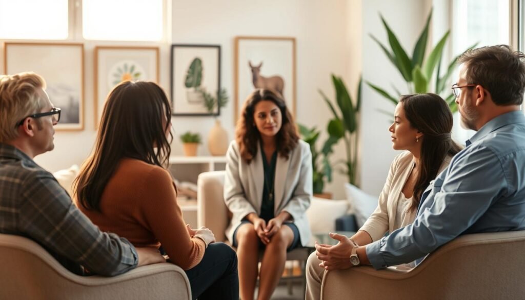 A serene, professional therapy session focused on anger management. In the foreground, a diverse group of three individuals is seated in a circle, engaging with an empathetic therapist who is listening intently, dressed in business attire. The middle layer shows a comfortable, well-lit room adorned with calming art and plants, creating a soothing atmosphere. In the background, a soft, warm light filters through large windows, illuminating the space with a sense of openness. The mood is reflective and supportive, emphasizing collaboration and understanding. The overall composition highlights the importance of professional help in managing anger, with an intimate yet constructive ambiance that fosters dialogue and healing.