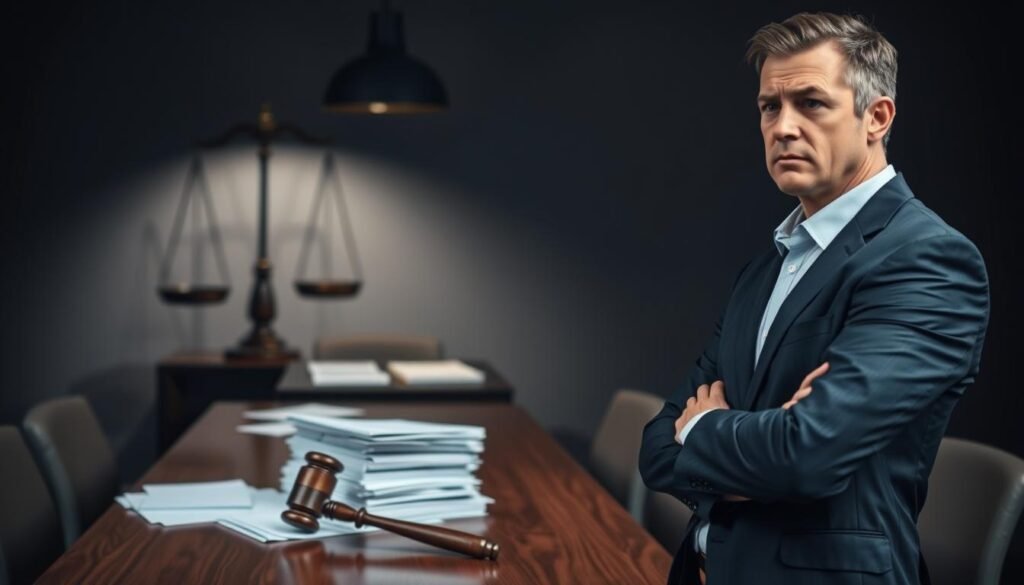 A symbolic representation of the disadvantages of arbitration, featuring a split scene. In the foreground, a person in professional attire stands with a thoughtful expression, pondering over a stack of legal documents and a gavel, embodying frustration. In the middle ground, a dimly lit conference room with a negotiation table scattered with papers, highlighting discontent and disagreement. The background features a shadowy wall with scales of justice tilted to one side, symbolizing imbalance. Soft, moody lighting creates a serious atmosphere, while a slight vignette focuses attention on the central figure. The lens effect is slightly blurred at the edges, enhancing the feeling of confusion and uncertainty. The overall color palette is muted with shades of gray and blue, reflecting the somber theme of the section. A symbolic representation of the disadvantages of arbitration, featuring a split scene. In the foreground, a person in professional attire stands with a thoughtful expression, pondering over a stack of legal documents and a gavel, embodying frustration. In the middle ground, a dimly lit conference room with a negotiation table scattered with papers, highlighting discontent and disagreement. The background features a shadowy wall with scales of justice tilted to one side, symbolizing imbalance. Soft, moody lighting creates a serious atmosphere, while a slight vignette focuses attention on the central figure. The lens effect is slightly blurred at the edges, enhancing the feeling of confusion and uncertainty. The overall color palette is muted with shades of gray and blue, reflecting the somber theme of the section.