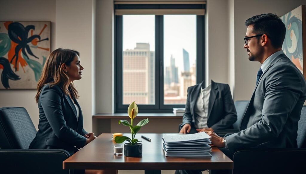 A tense yet collaborative mediation scene set in a modern office environment. In the foreground, two diverse professionals, a woman in a smart business suit and a man in tailored attire, are engaged in a thoughtful discussion, their body language indicating both connection and conflict. Between them, a table holds symbolic objects: a peace lily and a stack of documents. In the middle ground, a window reveals a bustling cityscape, allowing natural light to flood in, enhancing the feeling of openness. The background features abstract art on the walls, symbolizing the complexity of human emotions in mediation. The atmosphere is charged yet hopeful, reflecting the challenges and possibilities of Nonviolent Communication (NVC) in conflict resolution. The angle is slightly elevated, giving an encompassing view of the mediation process.