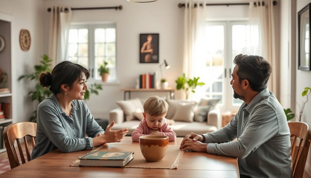 A warm and inviting home setting depicting a family engaged in nonviolent communication (NVC) principles. In the foreground, a mother and father sit together at a dining table, thoughtfully listening to their child, who expresses feelings with sincerity. The parents are dressed in modest casual clothing, creating a relaxed atmosphere. In the middle, a cozy living room features books on emotional intelligence and communication skills, along with plants that add a touch of nature. In the background, softly lit windows allow natural sunlight to stream in, highlighting a harmonious and nurturing environment. The overall mood is calm and supportive, emphasizing connection and understanding among family members, creating an inspiring illustration of applying NVC in daily life.