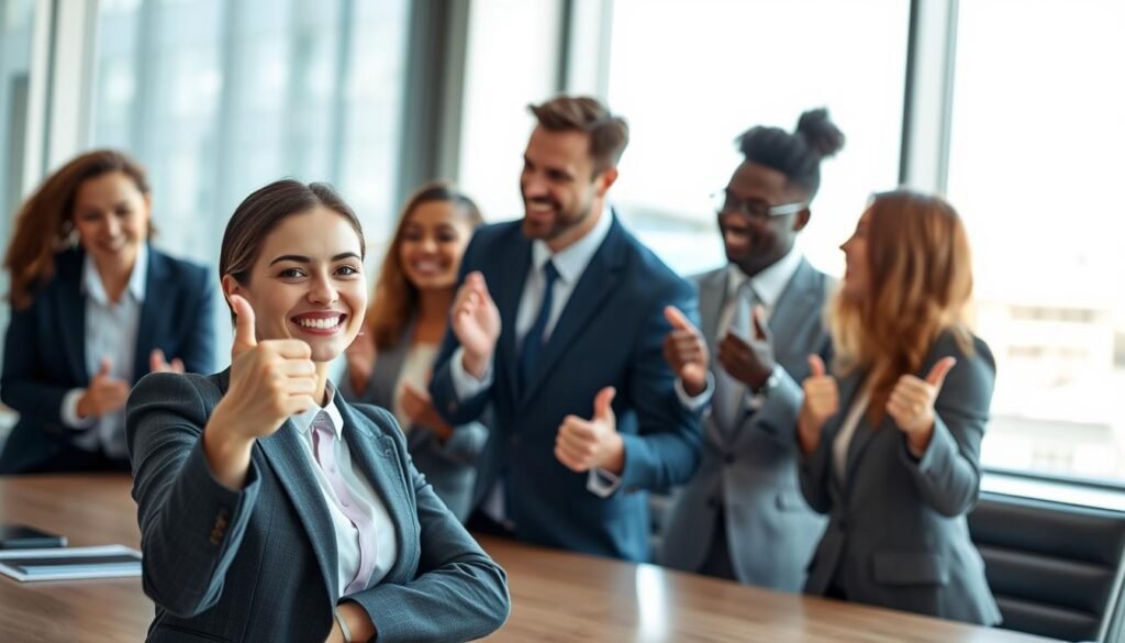 A close-up scene of a diverse group of business professionals in a modern office environment, gathered around a conference table, expressing approval and recognition towards one another. The foreground features a confident woman, dressed in smart business attire, smiling and giving a thumbs-up, while in the middle, her colleagues, including a man in a suit and a woman in a blazer, nod enthusiastically, showcasing unity and agreement. The background displays a large window with bright daylight illuminating the room, creating a warm and inviting atmosphere. The lens captures this moment with a slight depth of field, focusing on their engaging expressions. The mood is positive and collaborative, reflecting a sense of accomplishment and mutual respect.